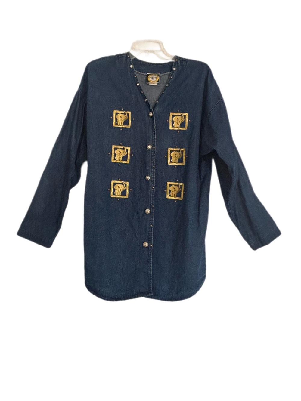 Vtg 80s Designs Limited Elephant Embroidered Denim Shirt L/XL